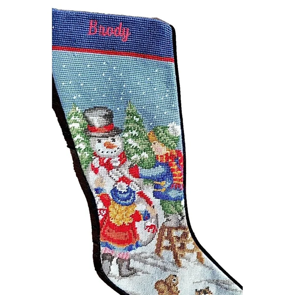 Lands' End Needlepoint Christmas Stocking BRODY Snowman Wool Discontinued C1